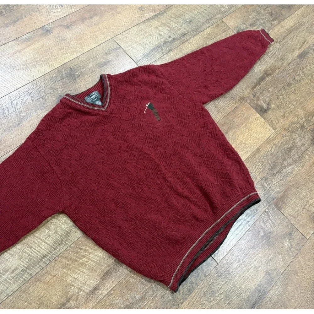 Vintage 90s Haggar Tour Heavy Knit Golf Sweater Embroidered Large Red Made In US